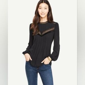 Ann Taylor Lace Trimmed Mockneck Black Blouse Size Medium